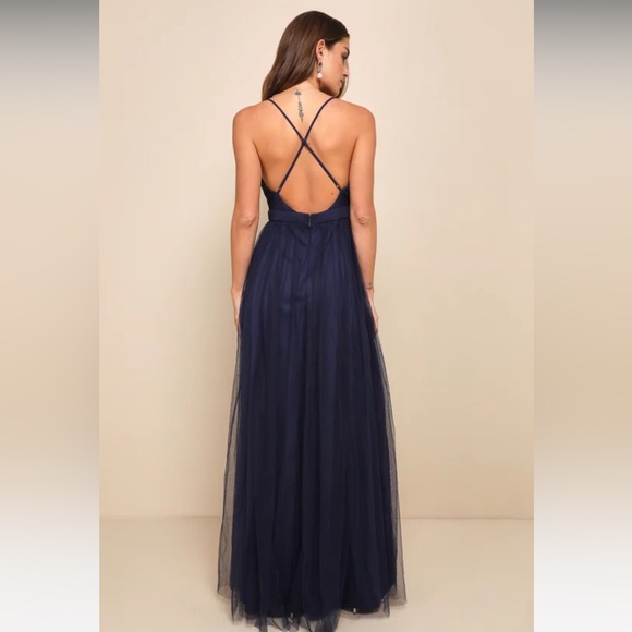 Lulus Maniju Rare Beauty Navy Tulle Backless Maxi Dress - Picture 3 of 10